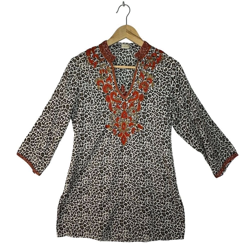 GOPI VAID Leopard Print Embellished Cotton Silk Tunic Size Med Large